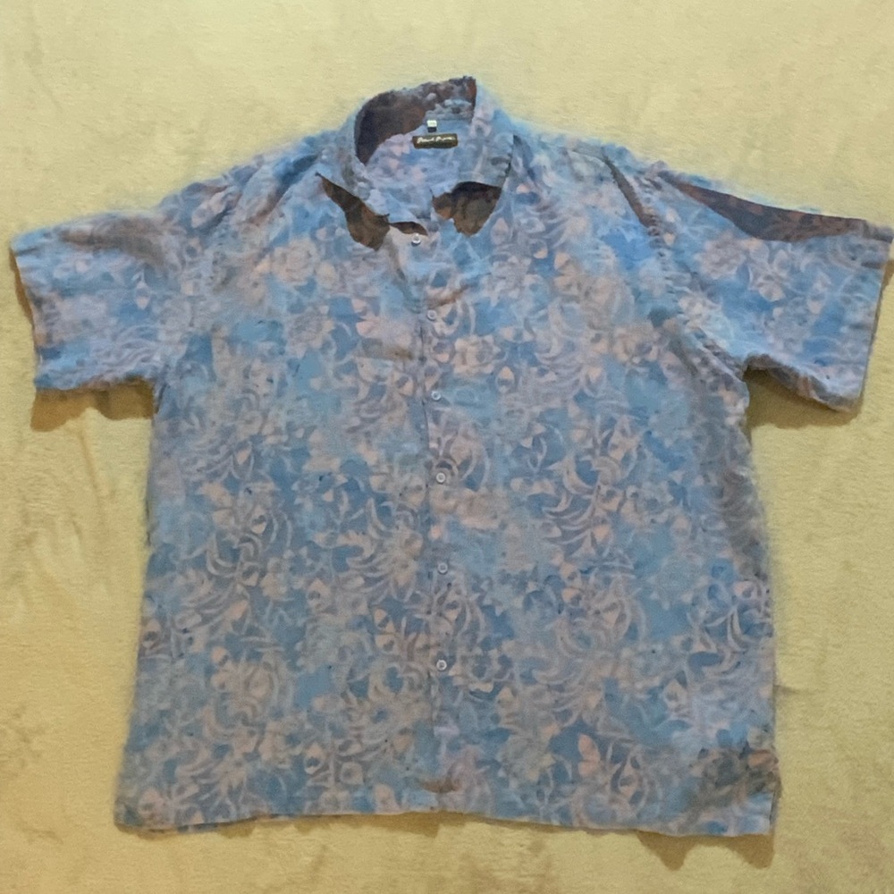 Island Importer Linen Shirt XXL Blue Pink Floral Short Sleeve